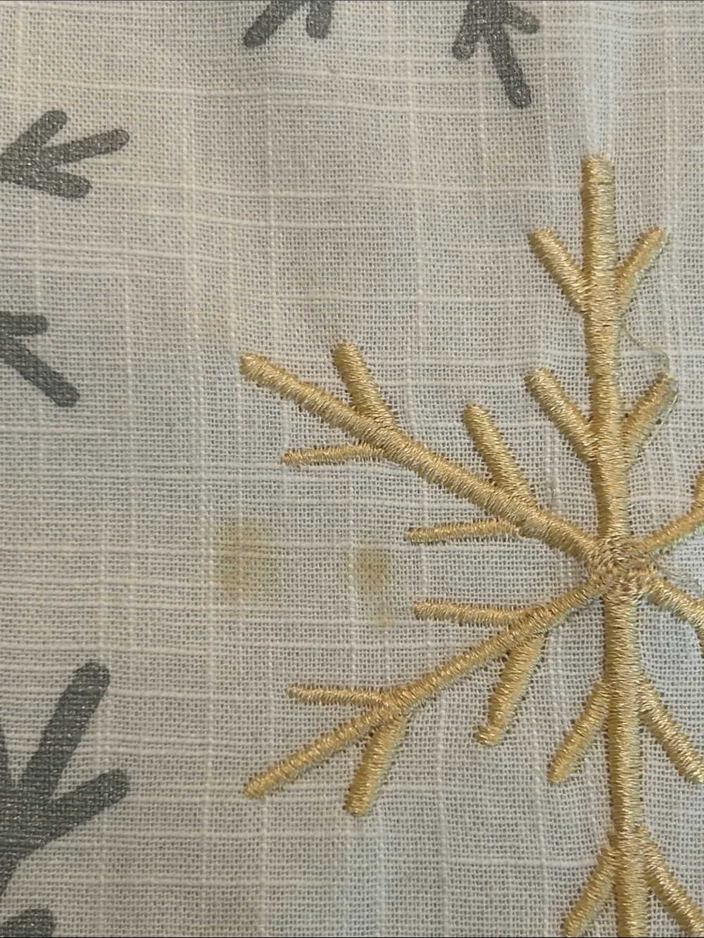 White Table Runner with Gray and Gold Snowflakes and gray Trim 14”x70”